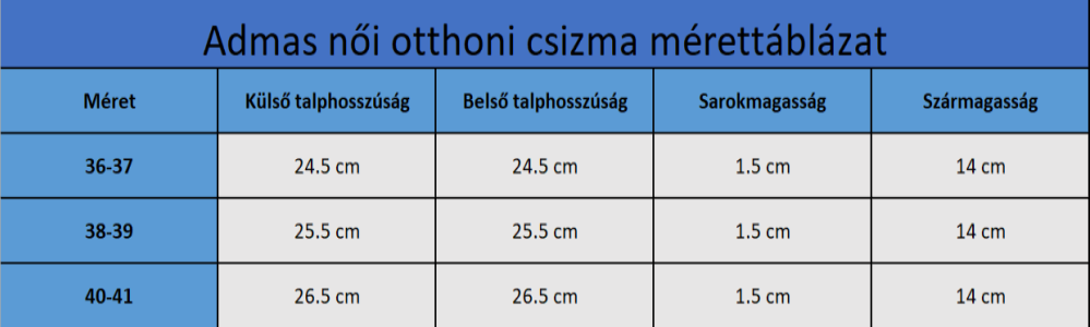Admas mérettáblázat